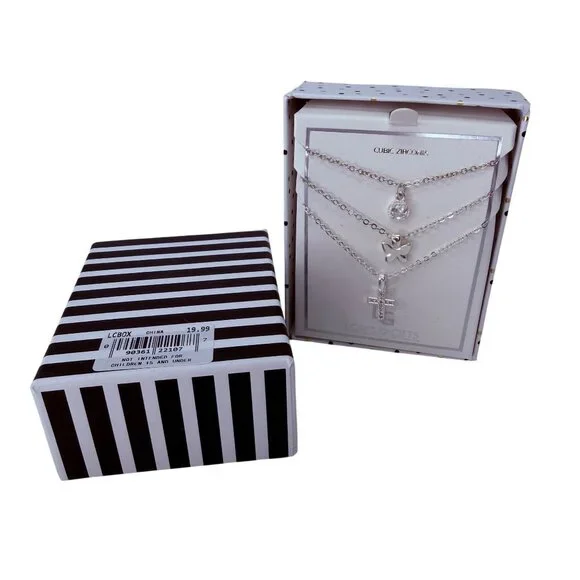 NEW Silvertone 18" Necklace Set with Cubic Zirconia, Butterfly, and Cross Charms - Picture 3 of 3